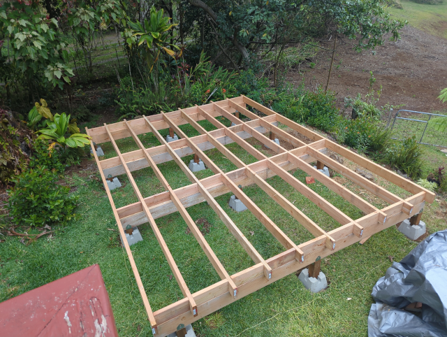 photo of the deck now completely framed, just waiting for the gazebo mounting points and then the Trex decking.