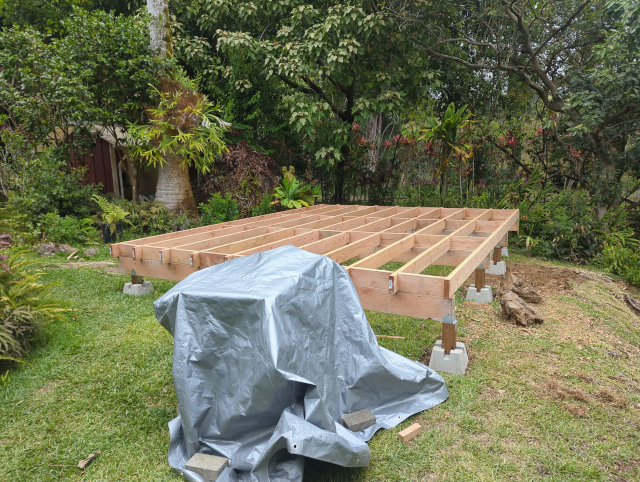 photo of the deck now completely framed, from a lower angle