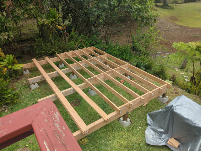 photo of the deck with most of the rows of joists and spacers installed 