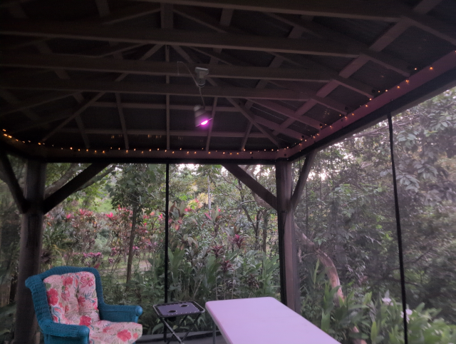 photo of the interior of the pavilion; a dim lavender light is visible near the roof over the table