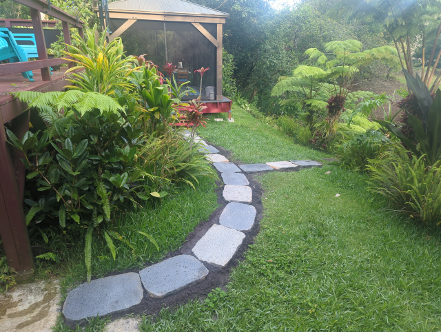 photo of the pavilion path, now with a spur leading to the steps to the pasture