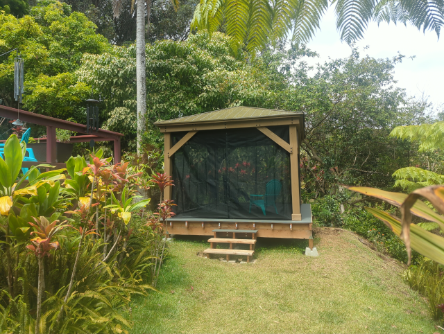 photo of the completed pavilion with mosquito netting in place