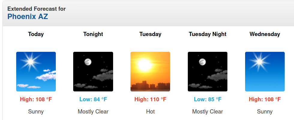 screenshot of the weather in Phoenix, AZ showing high temperatures of 108° and 110° Fahrenheit