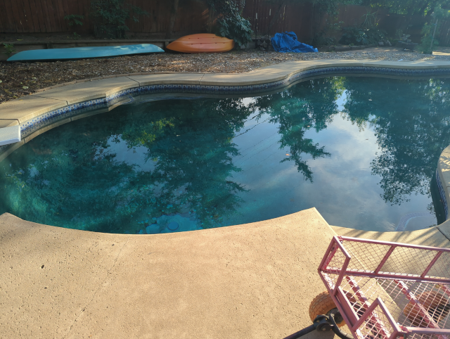 the pool, clear and sparkling though it needs re-plastering