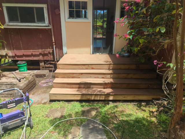 photo of the front steps after pressure washing; most of the stains are gone