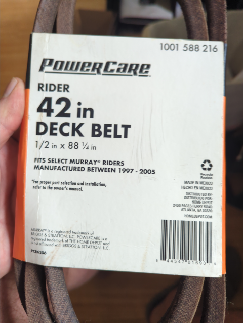 photo of a replacement "Rider 42 in Deck Belt...Fits select Murray riders manufactured between 1997 - 2005"