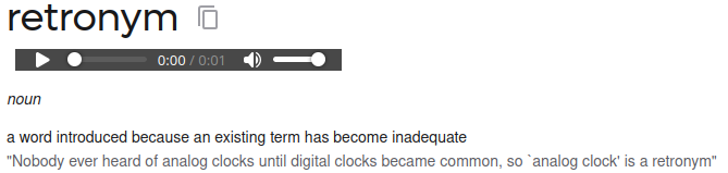 screenshot of a definition of retronym