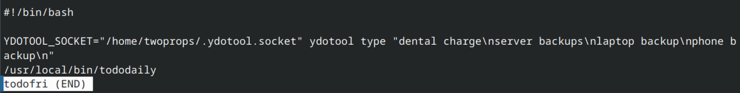 screenshot of vi opened on todofri, a bash script to populate my to-do list for Fridays; at the end it invokes tododaily which populates the list with things I do every day