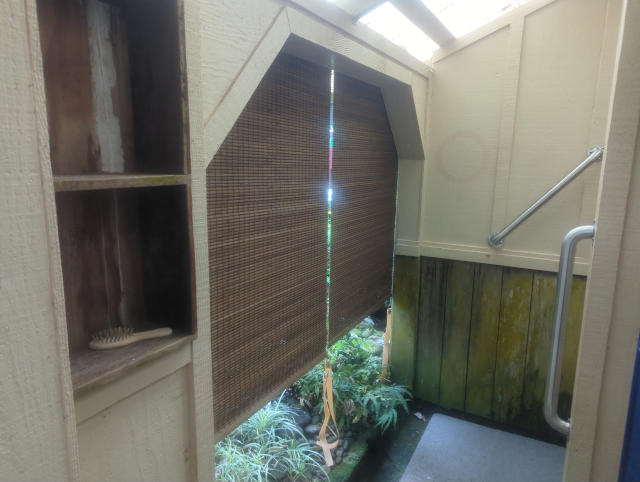 photo showing the outdoor shower from the inside with the shades up
