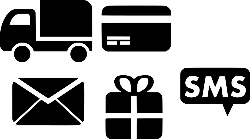 black-on-white drawing of a delivery truck, a credit card, a postal envelope, and a gift package arrayed next to a speech bubble with "SMS" in it