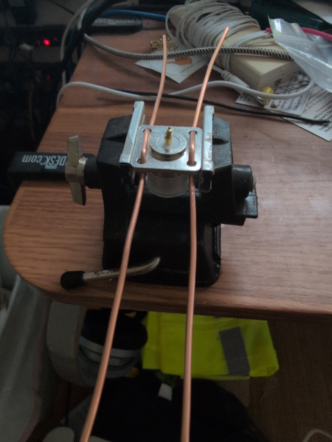 photo showing the nascent antenna on a soldering jig