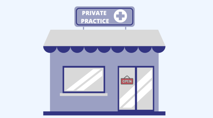 simple drawing of a small building with an "OPEN" sign on the door and a sign on the roof that says "PRIVATE PRACTICE"
