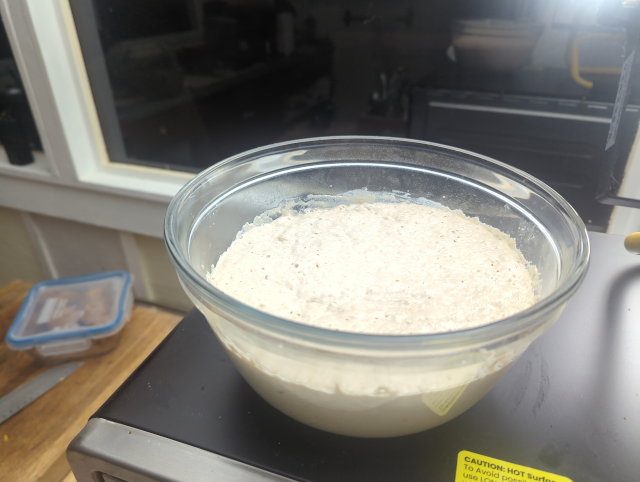 photo of a glass bowl half-filled with bread dough