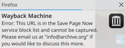 screenshot of a message generated by the Internet Archive Firefox plug-in; text of the message can be found below