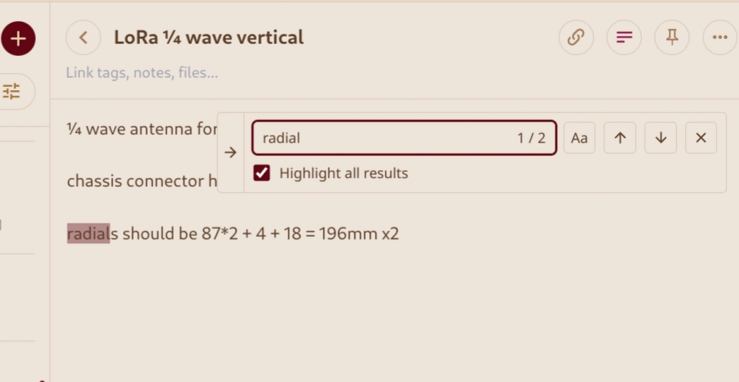 screenshot of a Standard Notes note with the Find popup displayed