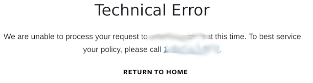 screenshot of insurance company Web page error