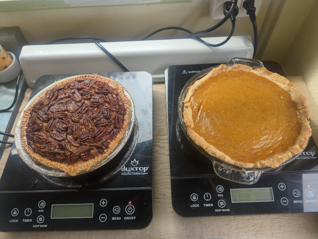 photo of two freshly-baked pies: one pecan, one pumpkin