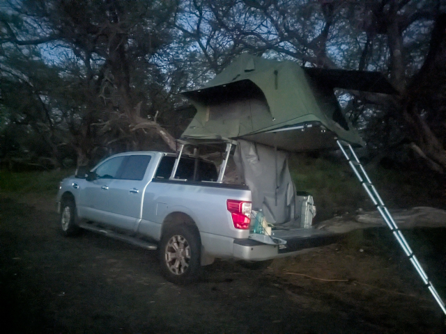 photo of Timmy the Titan with the tent-on-top camper deployed