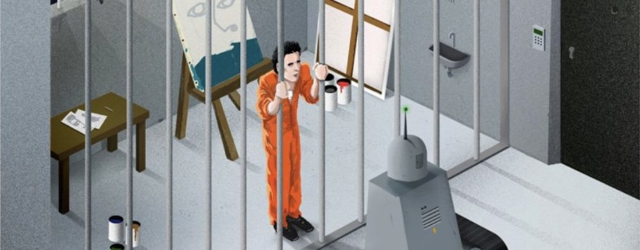 drawing of a person in jail facing a robot jailer