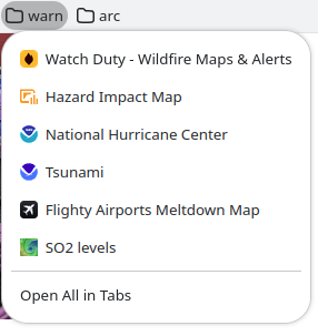 screenshot of my "warn" bookmarks folder
