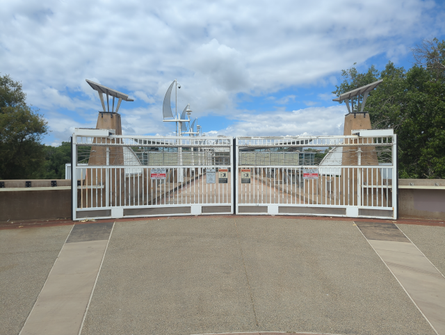 photo of the massive steel gates blocking access to the Sacramento River Water Intake Structure