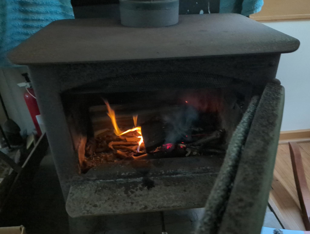 photograph of a wood-burning stove with a small fire inside