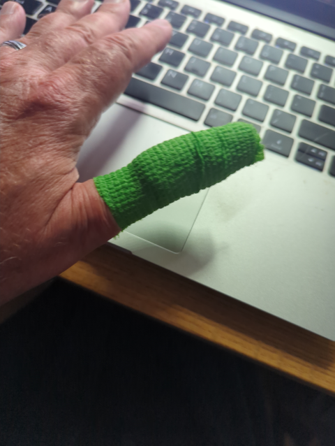 photo of my left thumb, mummified in green [[horse tape]]